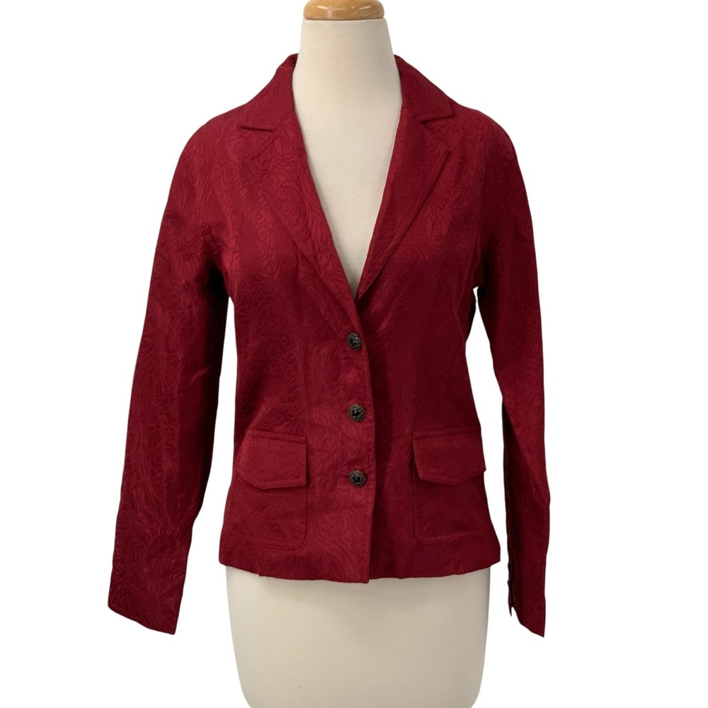 NWT Chicos Antiqua Blazer Jacket Burgundy Red Paisley Jacquard Size 0/Sm/US 4 - Picture 2 of 9